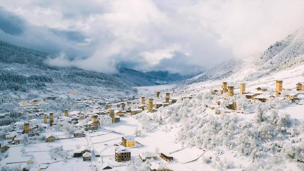 Mestia Panorama in Winter with Svan Towers