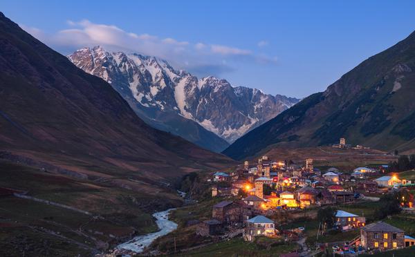 Ushguli Village in the evening, Shkhara Mountain in the background