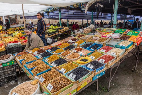 Fruits and nuts stall at the market in Sheki