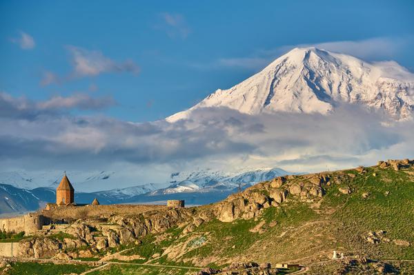 Ancient castle monastery Khor Virap in Armenia with Ararat mountain in the background