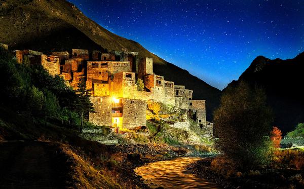 Shatili Village and Castle by a Starry Night