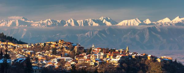Winter Panorama of Sighnaghi Town on the Caucasus Background