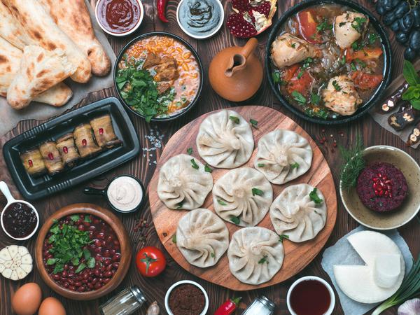 Traditional georgian cuisine and food - khinkali, kharcho, chahokhbili, pkhali, lobio.