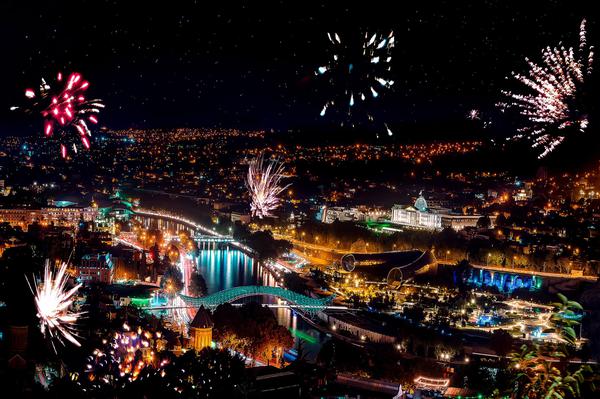 Panoramic View on Tbilisi New Year Fireworks