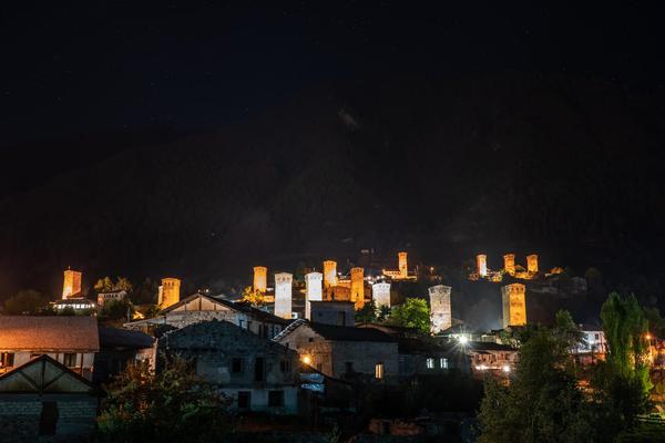 Svan Towers in Mestia by Night