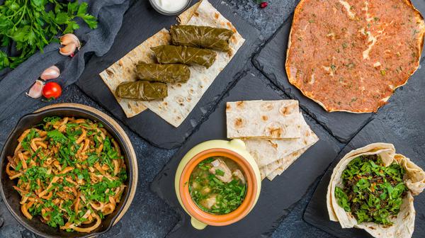 Armenian cuisine food set: Aveluk, Dolma , Lahmacun