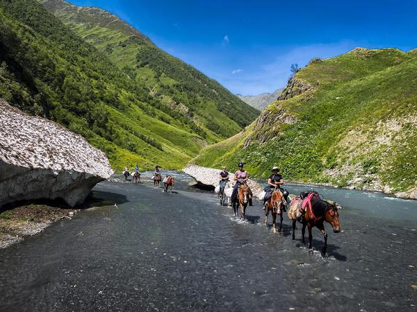 Crossing the River on Horseback in Tusheti