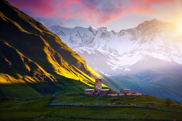 Lamaria Church in Ushguli, Shkhara Mountain in the Background