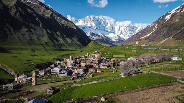 Ushguli Village and Shkhara Mountain Drone View