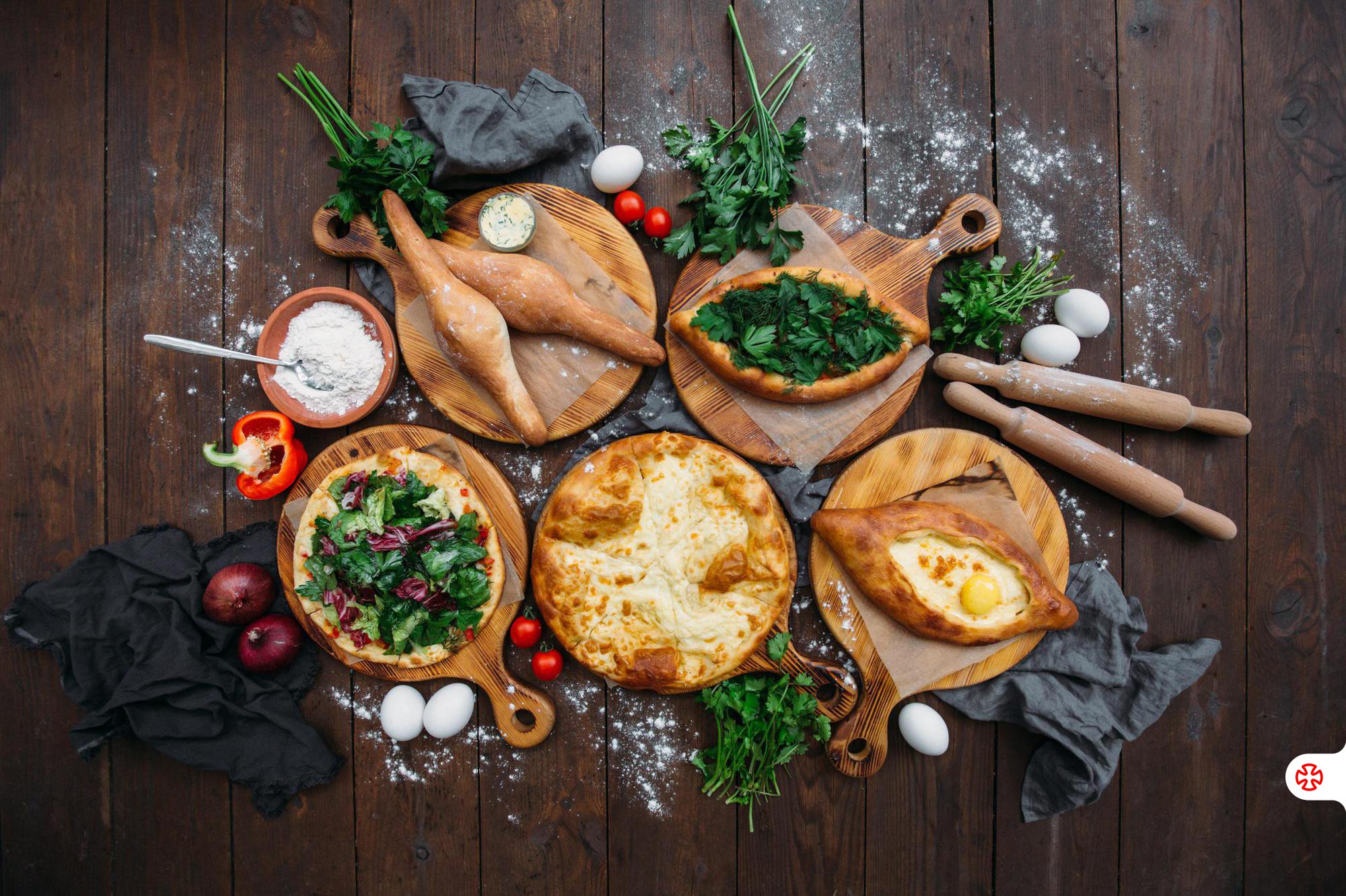Traditional Georgian Set of Different Khachapuri on the table