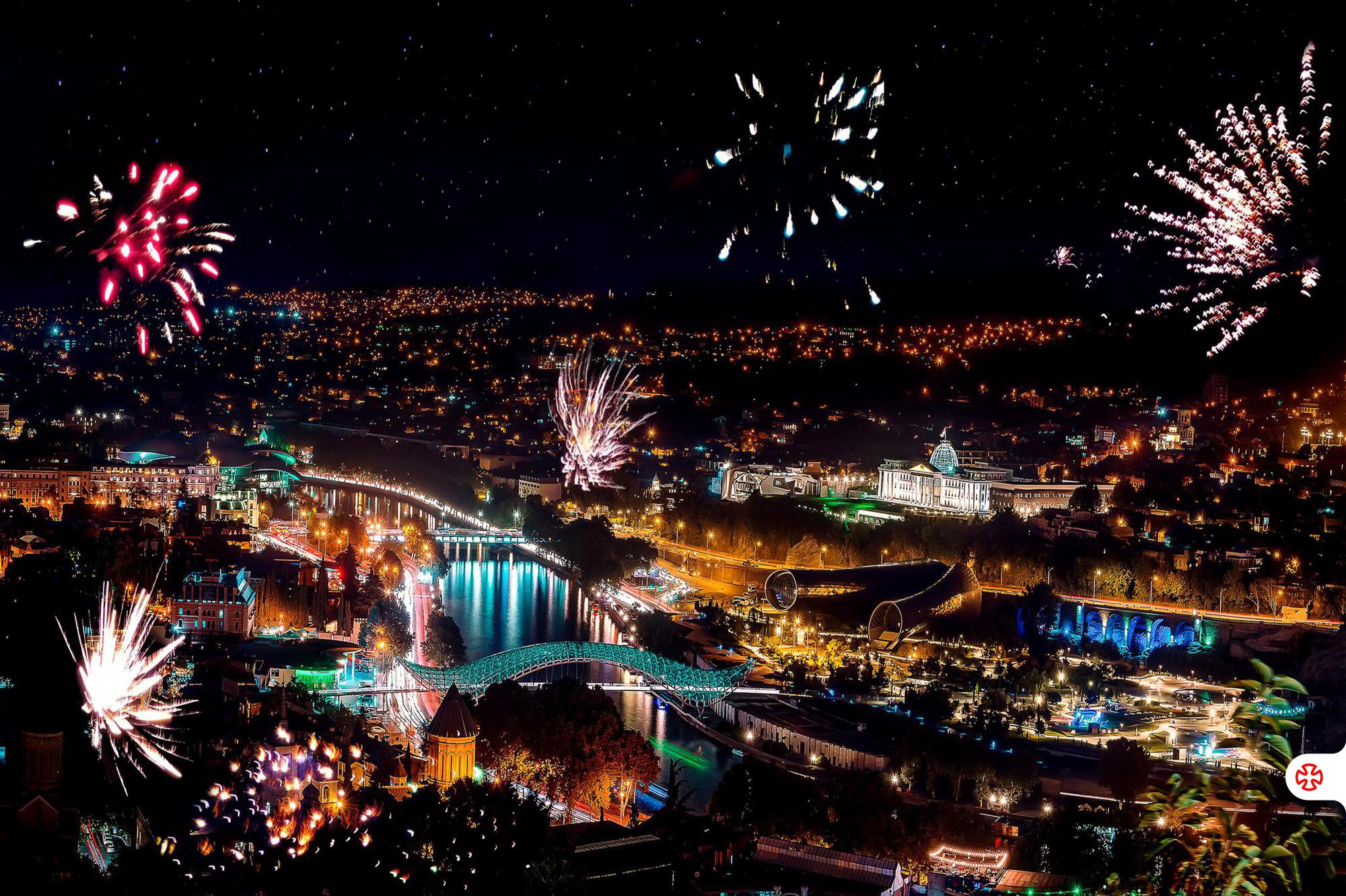 Panoramic View on Tbilisi New Year Fireworks