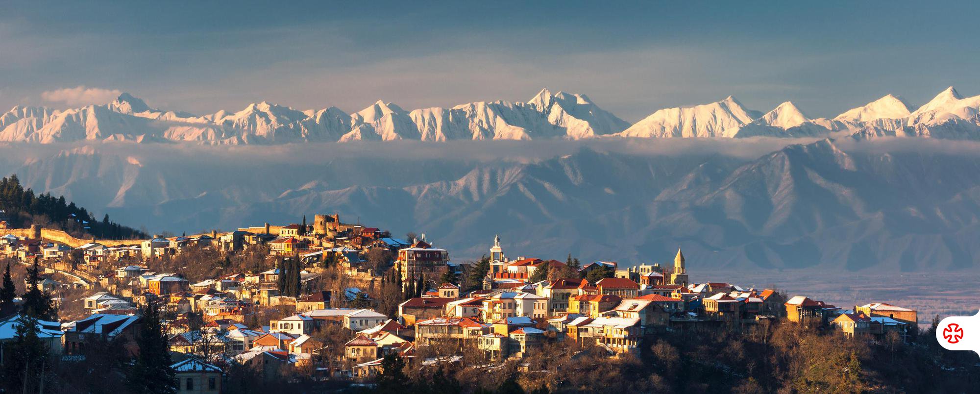 Winter Panorama of Sighnaghi Town on the Caucasus Background